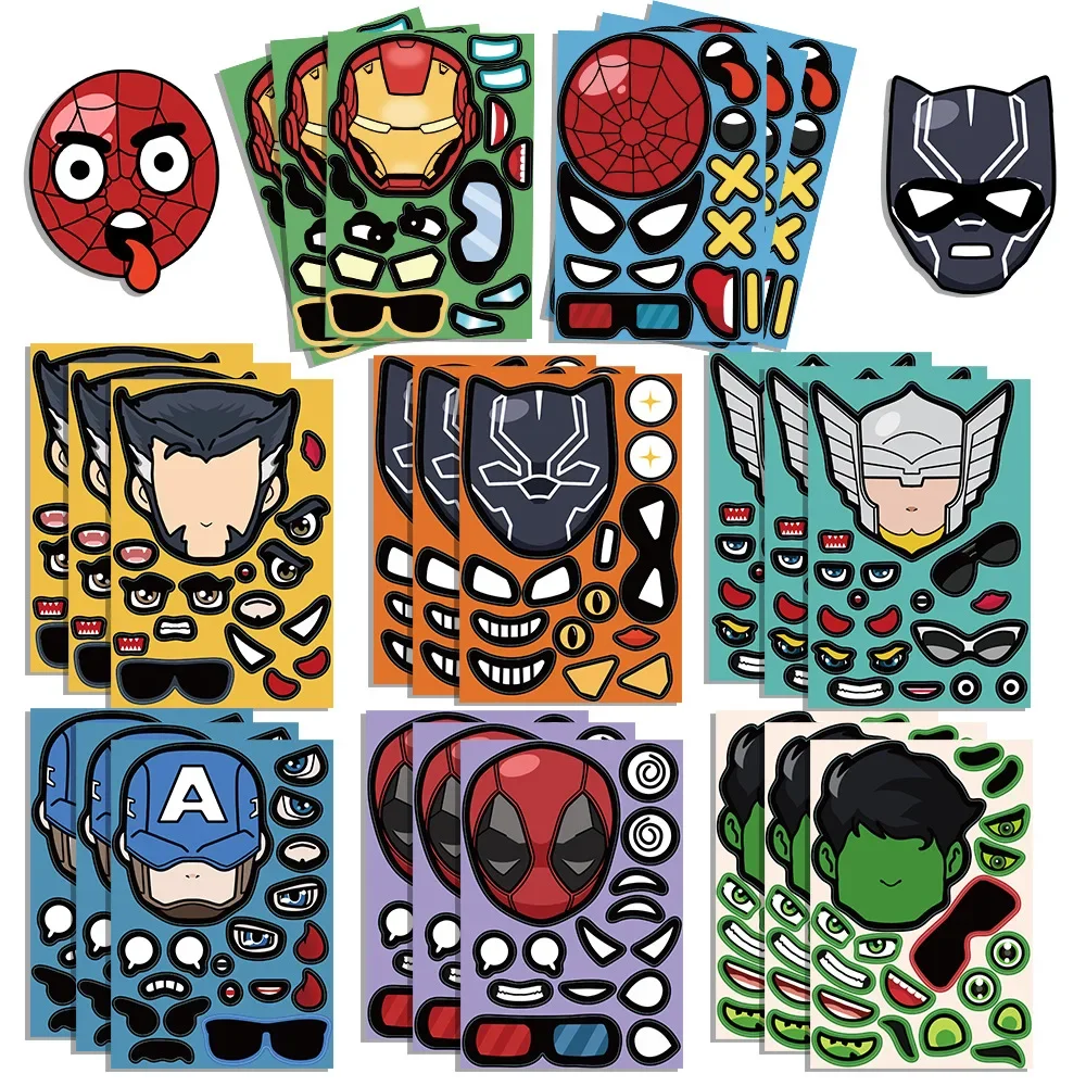 8/16Sheets Disney SpiderMan The Avengers Marvel Make A Face Puzzle Stickers Diy for Kids Make Your Own Game Jigsaw Education Toy