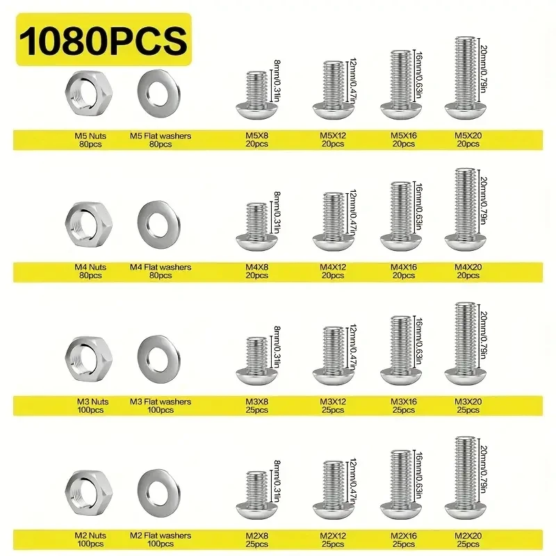 1080 hexagon nut and bolt kit, 304 stainless steel cross recessed pan head screws, M2/M3/M4/M5 metric screw