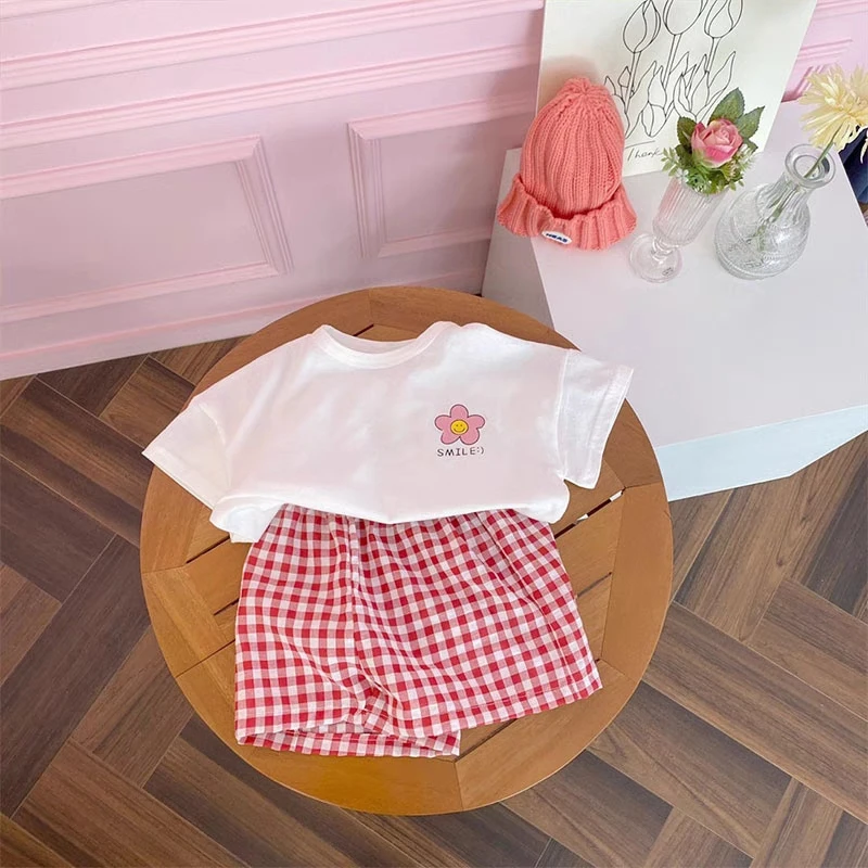 꽃무늬 티셔츠 + 체크무늬 반바지 소녀용 투피스 세트 여름 의류 심플 캐주얼 반팔 슈트 아동복 의상