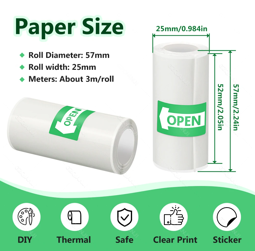 3/6 롤 57x25MM 감열지 흰색 스티커 어린이를위한 투명 종이 어린이 카메라 인스턴트 프린터 인쇄 액세서리 부품