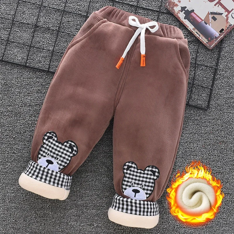 Winter Kids Pants 0-7Y Children Clothing Autumn Baby Girl Plus Velvet Leggings Boys Embroidery Cartoon Thick Warm Trousers