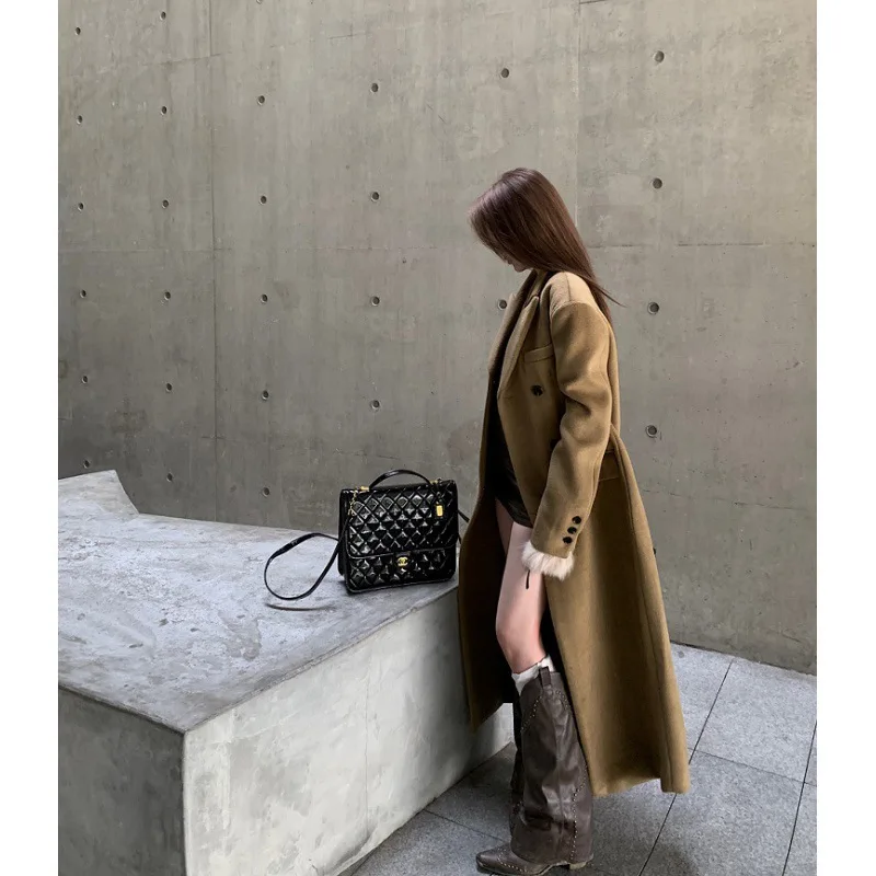 Winter Casual Streetwear Long Sleeve Outwear New Office Lady Single Breasted Jacket Fashion Turn-down Collar Belt Solid Coat