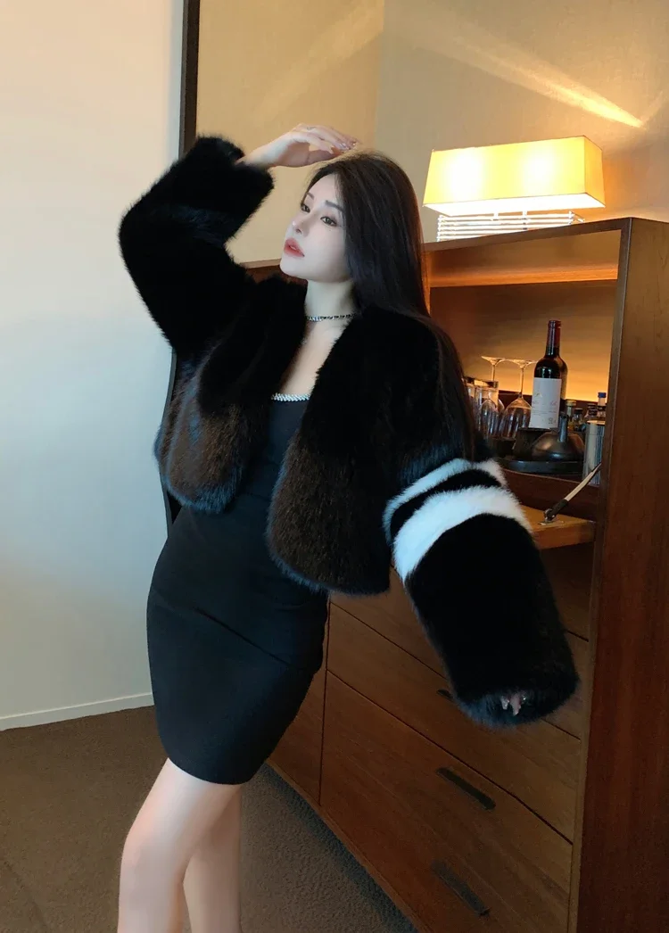 FANIECES Women Faux Fur Short Coat V Neck Casual Black Fur Outwear Cropped Tops Hairy Fluffy Party Elegant Luxury Feather Jacket