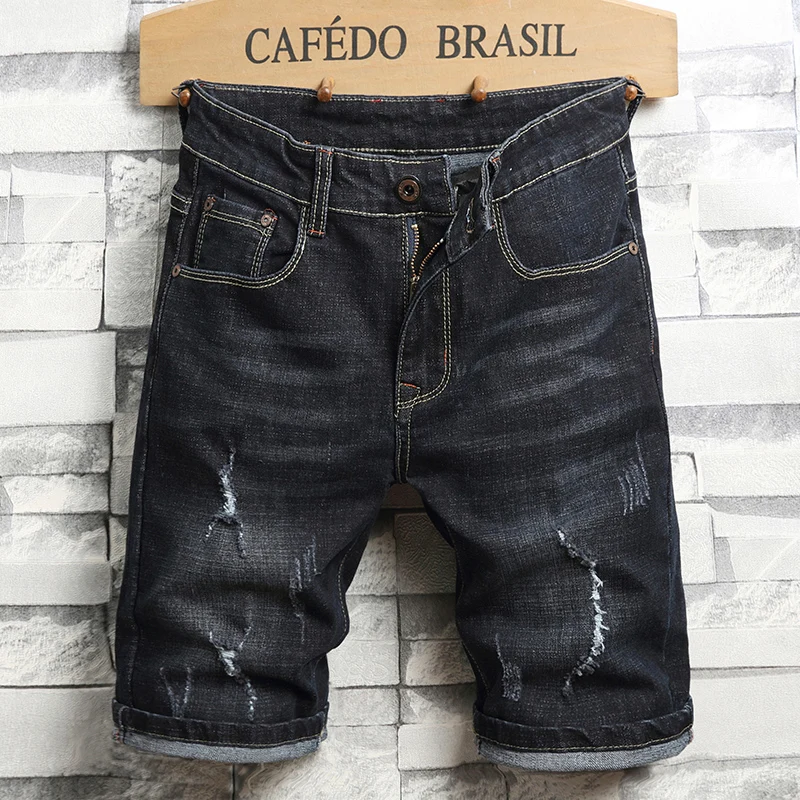 Summer New Men's Fashion Stretch Slim Short Jeans Men's Thin Denim Shorts Blue Black Brand Menswear