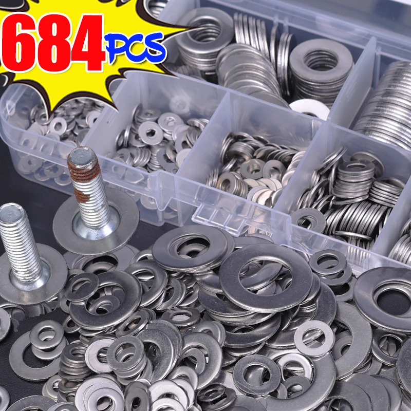Stainless Steel Washer Set 684/180PCS M2-M12 Metal O Rings Fasteners Gaskets Screws Bolts Assortment Kits Hardware Washers