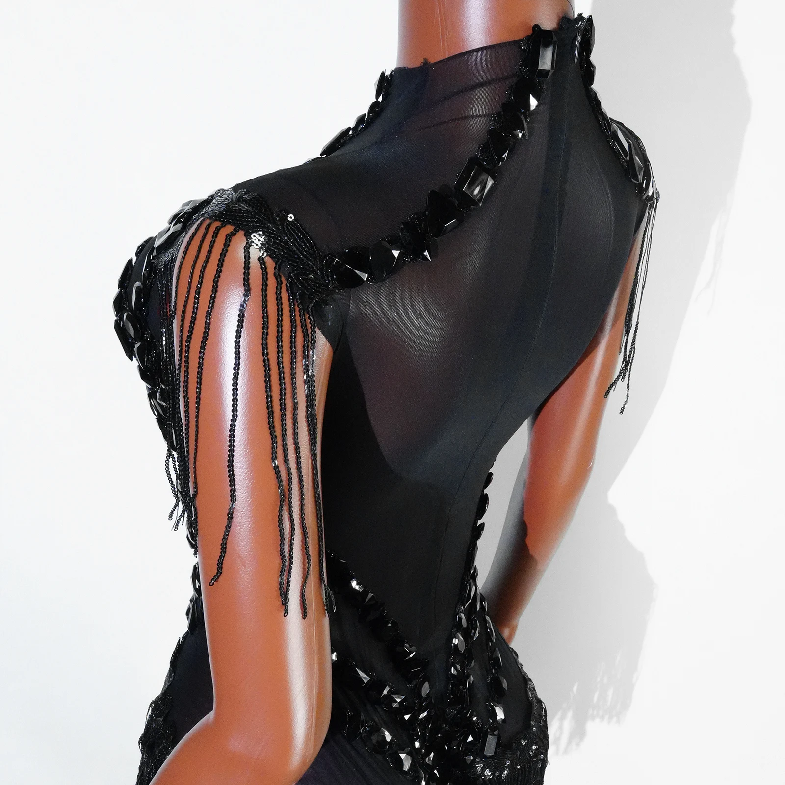 Sexy Mesh Sheer Black Rhinestone Bodysuit for Singer Dancer Show Stage Outfit Celebrate Party Night Club Performance Waer