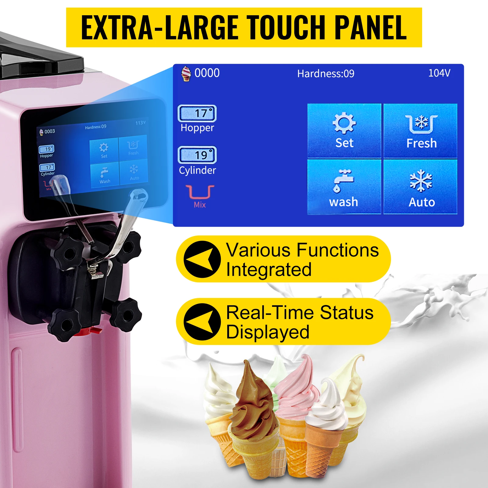  Máquina de helado suave comercial, máquina de helados con panel  LCD para hacer helados con 3 sabores, gran capacidad, 2 tolva de 3 L :  Hogar y Cocina