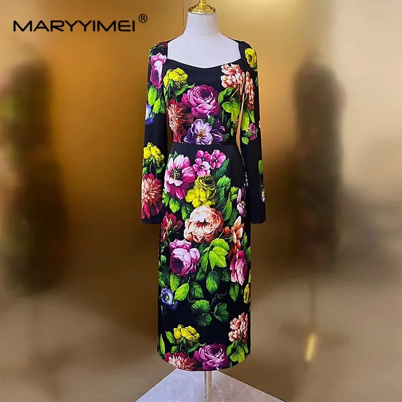 

MARYYIMEI Autumn Winter Runway Fashion Silk Dress Women Square Collar Long sleeve Floral Print Slim Balck Vintage Party Dresses