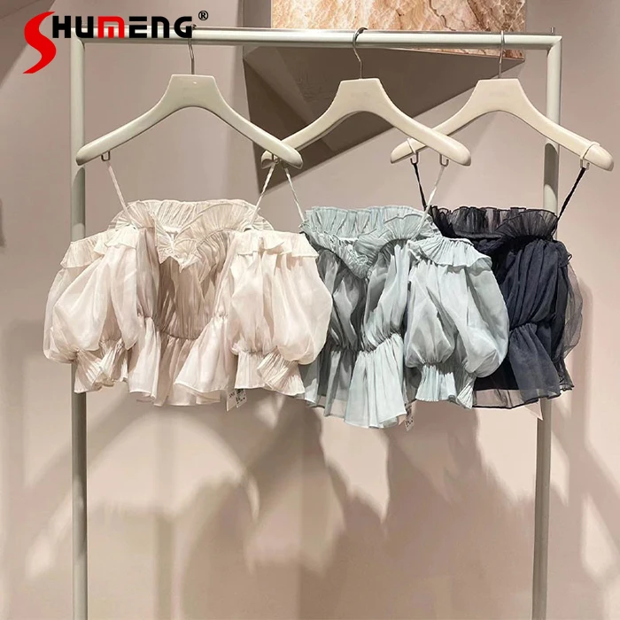 Sexy Top Off-the-Neck Ruffled Tulle Blouses for Women 2023 Spring and Summer New Elegant Off Shoulder Short Sleeve Shirt Female janevini 2019 brautjacke lace wedding cape bridal boleros pearl flowers women summer stoles boat neck tulle bride jacket mariage