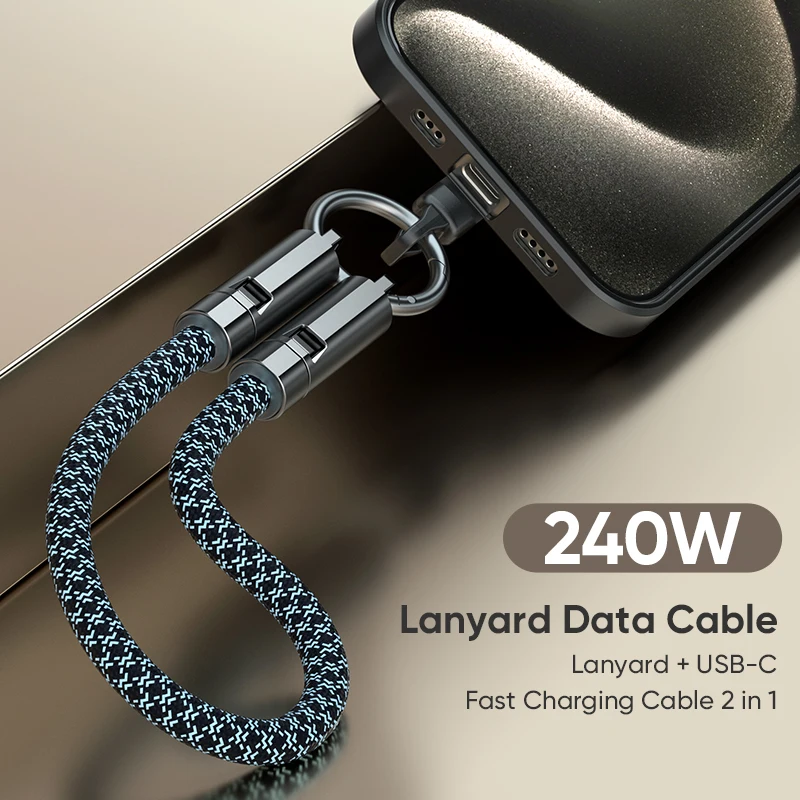 USB C to USB C 케이블 휴대용 키체인, 240W 폰 손목 끈 고속 충전 케이블 아이폰 17/16, 삼성 갤럭시 S25/S24용