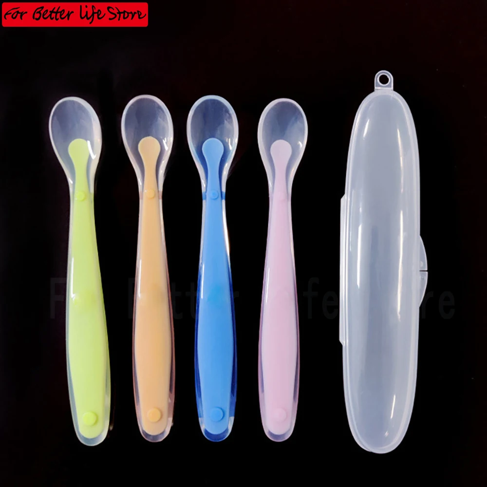 children Training Spoon cutlery Baby Silicone Spoon Children Complementary Food Soft Feeding Tableware Storage Box