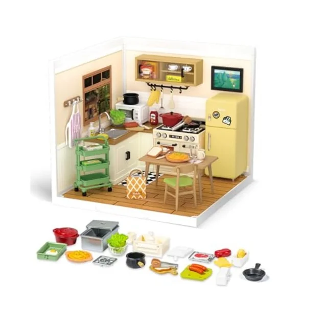 Robotime Miniature House Kits Super World Dolls House Model Kits with Furniture Accessories Happy Meals Kitchen for Girls Adults