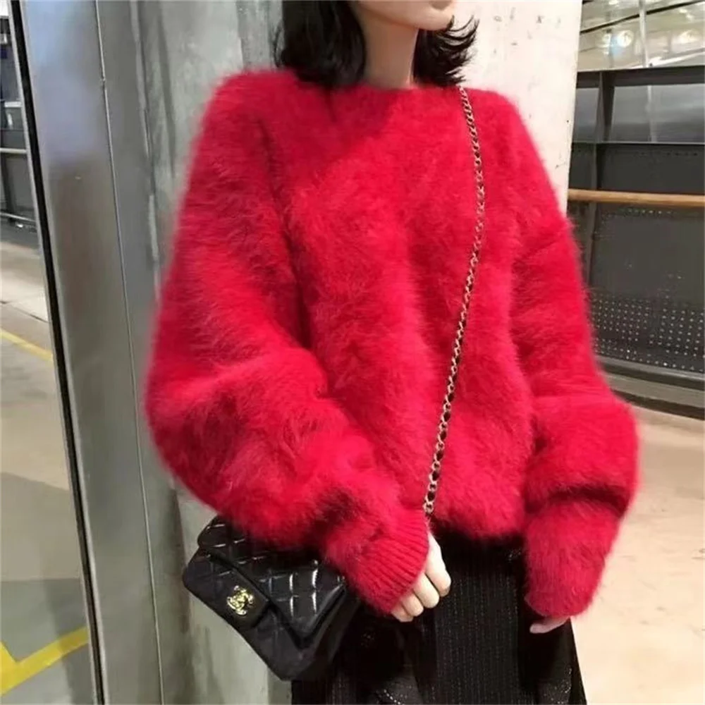 Women 2025 Autumn Winter Thick New Mink Velvet Knitted Tops Female Round Neck Loose Pullover Ladies Solid Color Sweaters Tops 2