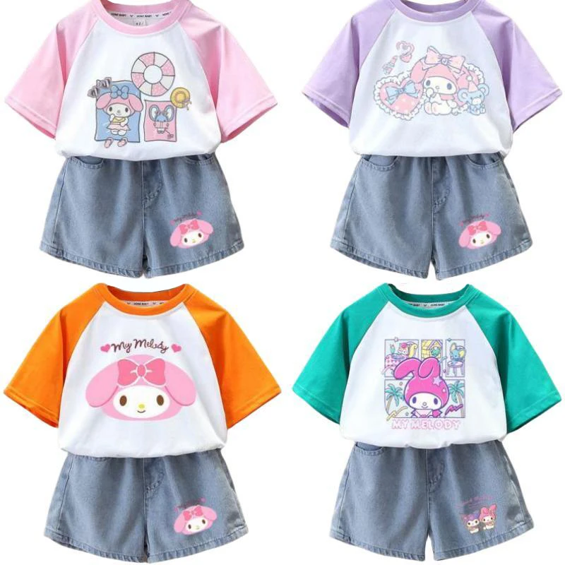 

Anime Sanrios My Melody Kawaii Summer Kids Sports Short Sleeve Suit Girls Two-Piece Set Cute Cartoon Toddler Clothse Sportswear