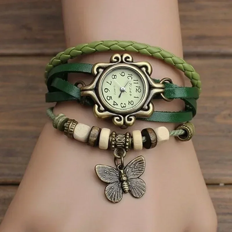 Vintage Hand Woven Leather Watch Fashionable Leather Wrapped Butterfly Pendant Quartz Watch Vintage High-quality Bracelet Watch