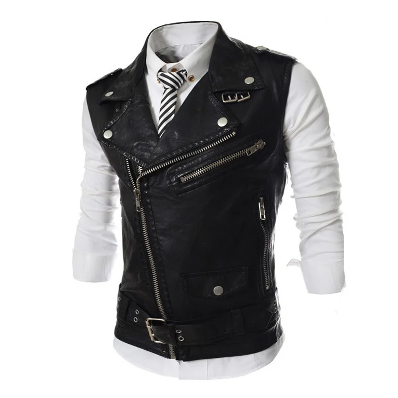 Veste sans manches en simili cuir pour homme, style punk à fermetures multiples pour automne hiver