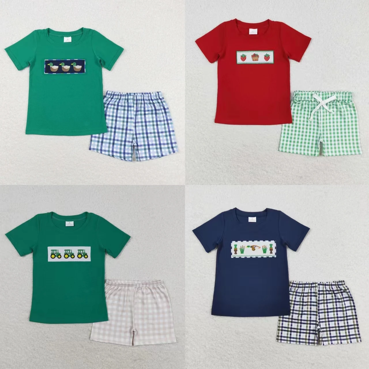 Wholesale Children Embroidery Summer Sets Toddler Short Sleeves Ducks Strawberry Tractors Shirt Kid Plaid Shorts Baby Boy Outfit 1