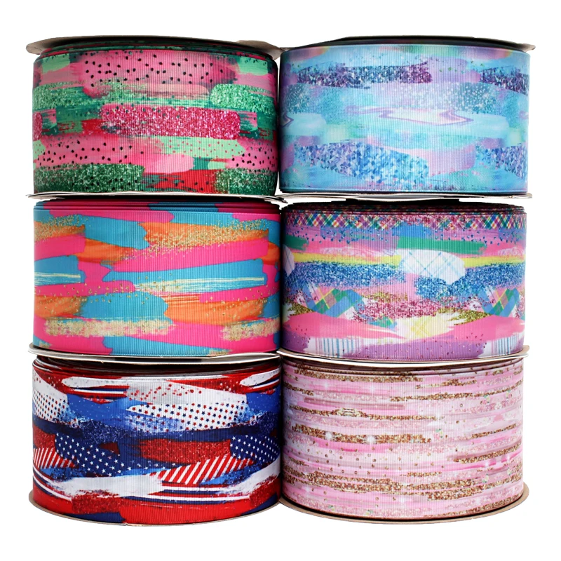 

75mm rainbow brush printed Grosgrain ribbons 50yards
