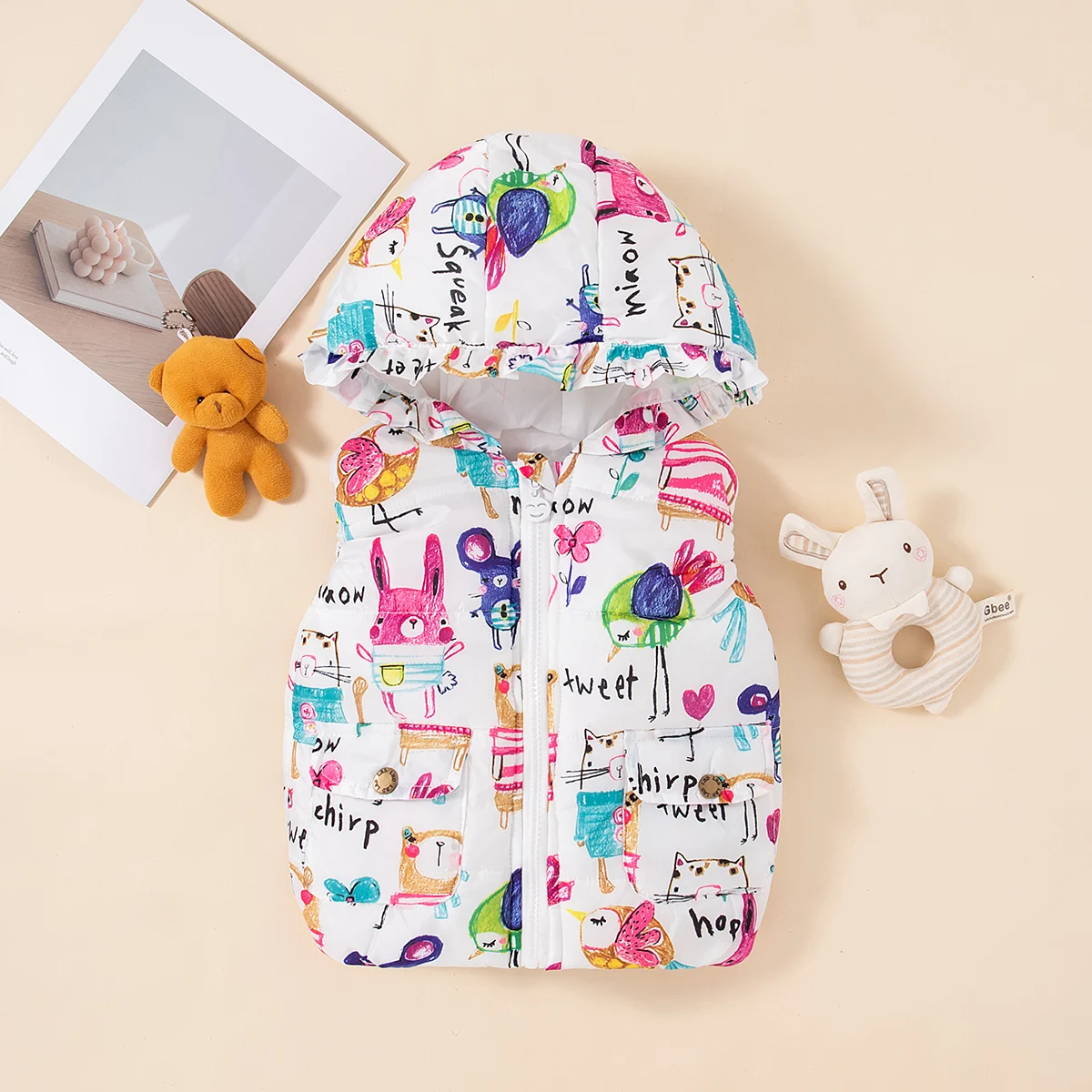 Korean Version Of Girls' Western-Style Super Versatile Graffiti Bird Fungus Edge Hooded Vest With Vest And Camisole