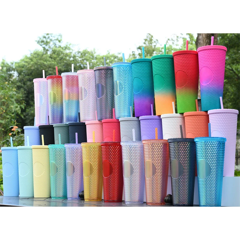 24Oz Matte Glow Inlaid Cup Plastic Coffee Cups With Straw Lids Double Wall Gradient Durian Cup Large Capacity Drinking Cup