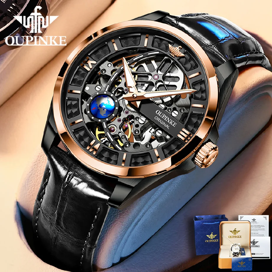 

OUPINKE Luxury Watch for Men Automatic Mechanical Sapphire Leather Waterproof Sports Skeleton Wrist Watches Brand reloj hombre