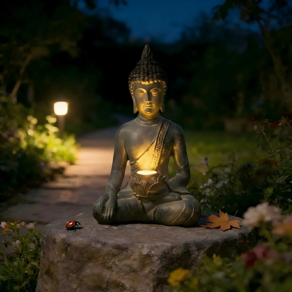 Buddha-Statue mit Solarlicht, Heim- und Gartendekoration, sitzende meditierende Buddha-Figuren für Terrasse, Hof, Rasenornamente im Freien
