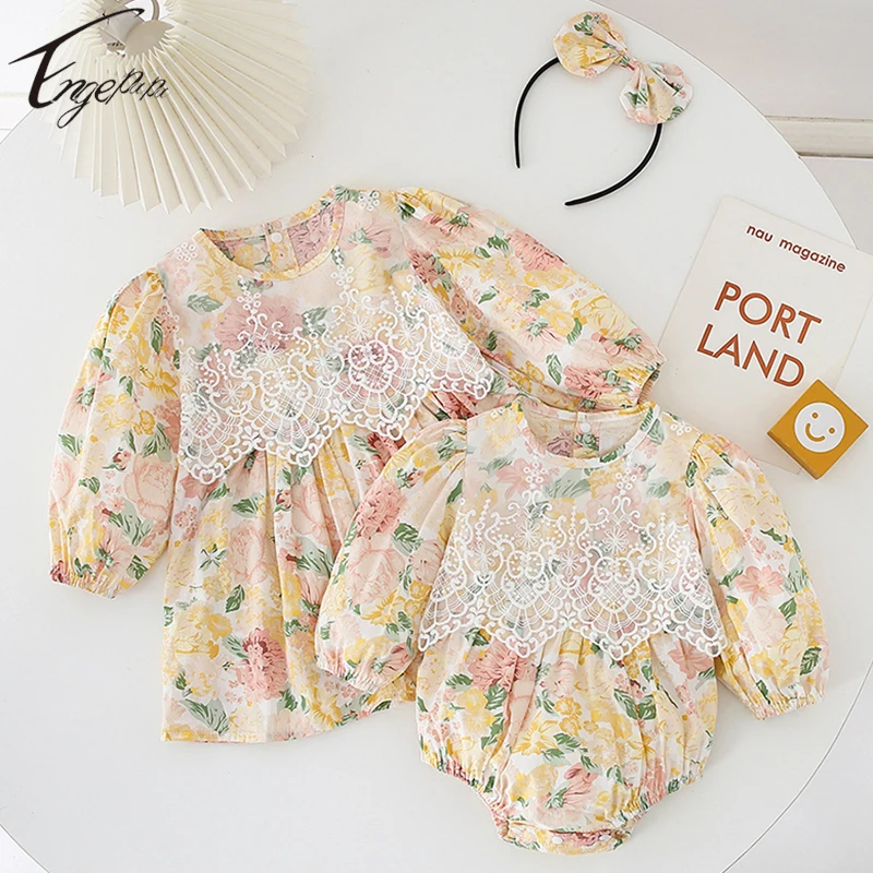 

Princess Girl Sister Clothes Baby Floral Rompers+Hair Band 2pcs Kids Girls Sweet Lace Long Sleeves Dresses Spring Autumn Clothes