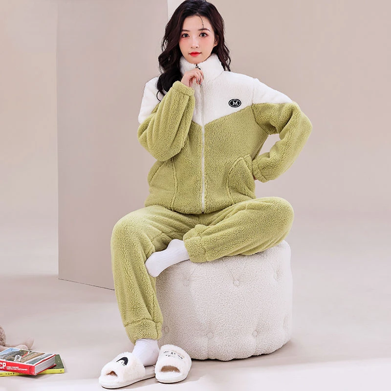 Patchwork Sleepwear Winter Warm Women Pajama Thick Coral Velvet Women's Nightwear Zipper Korean Long Sleeve Trouser Soft Pocket
