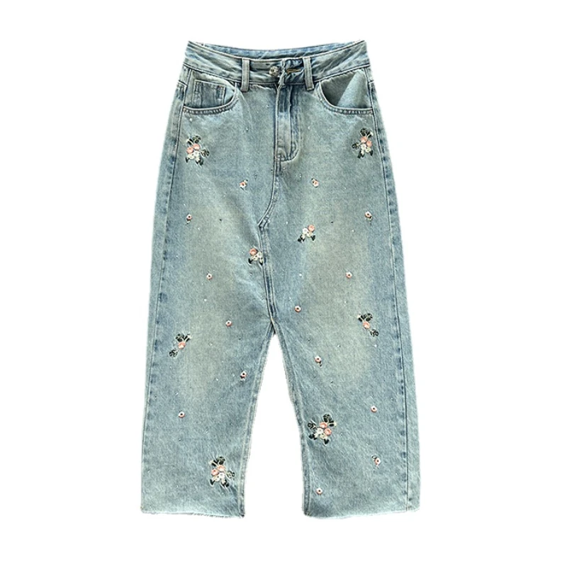 heavy beads flower pearl rhinestone jeans women high waist cotton stretch slim fit skinny denim pants 2023 new summer pantalones Denim Women's Skirt Woman 2024 New High Waist Slimming National Style Embroidered Rhinestone Split Hip-Wrapped Mid-Length Skirt