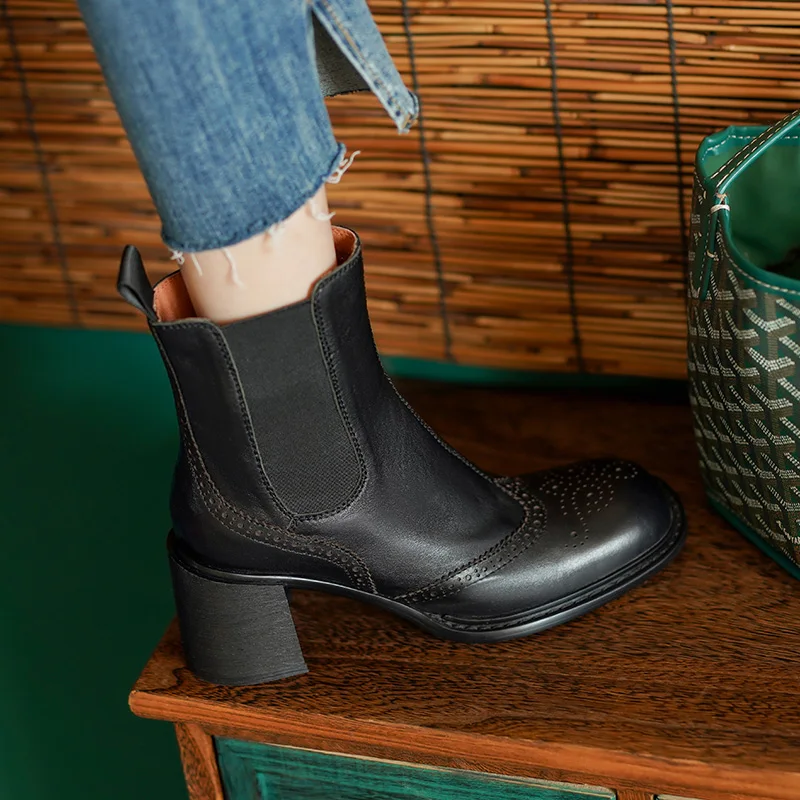 Modern Ladies Shoes Chelsea Boots Women Classic Style Warm Winter Boots Concise Cowhide Boots For Autumn Spring Thick High Heel