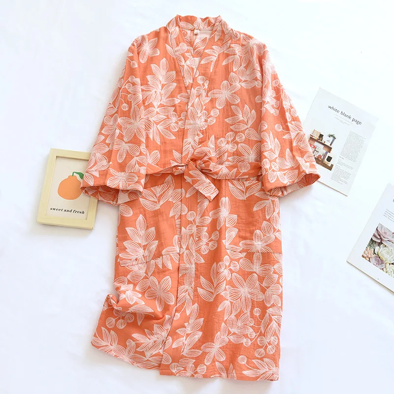 Women's Pure Cotton Gauze Pajamas Thin Jacquard Bathrobes Autumn Long Sleeve Japanese Kimono Robe Loose and Casual Home Wear
