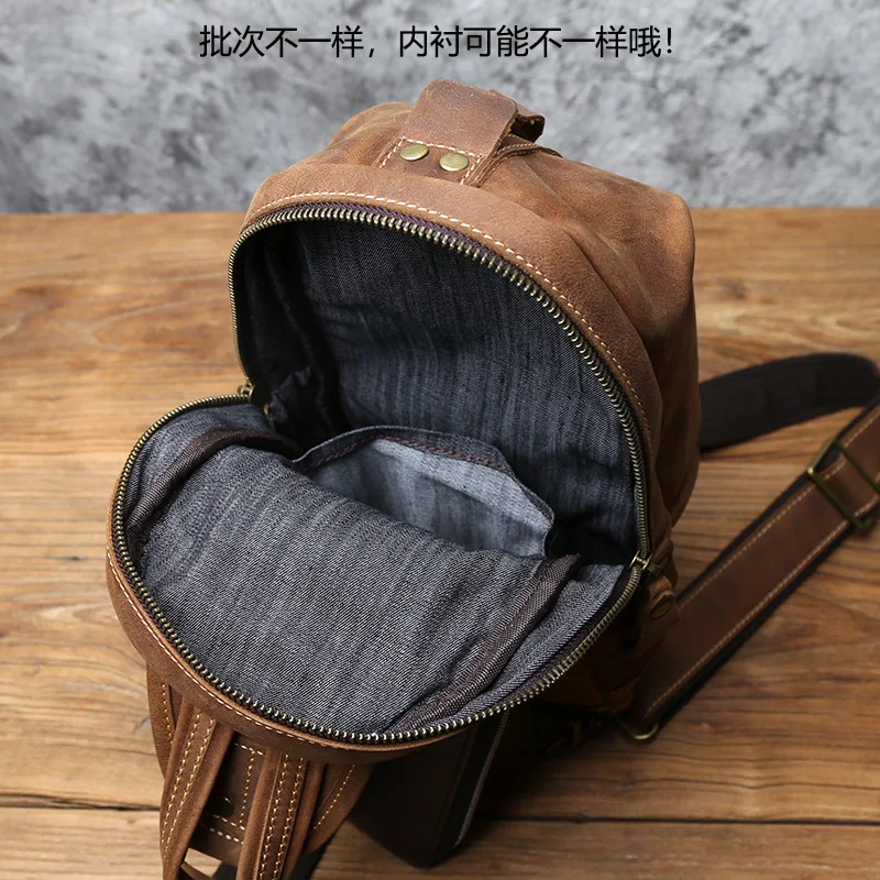 NZPJ Leather Men's Chest Bag Retro Top Layer Cowhide Single Shoulder Messenger Bag Casual Handmade Trend Small Shoulder Bag
