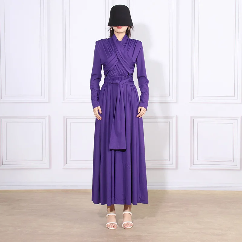 

VANOVICH Autumn 2023 New Fashion Temperament Pleated Patchwork Criss-Cross Design A-line Dress Waist Slim Long Sleeve Long Dress