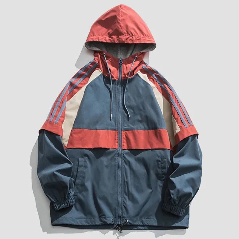 Giacca causale da uomo High Street Hip Hop Colorblock Patchwork Felpa con cappuccio allentata Stile Haruku Cappotto unisex con cerniera Inverno893_voghion.com