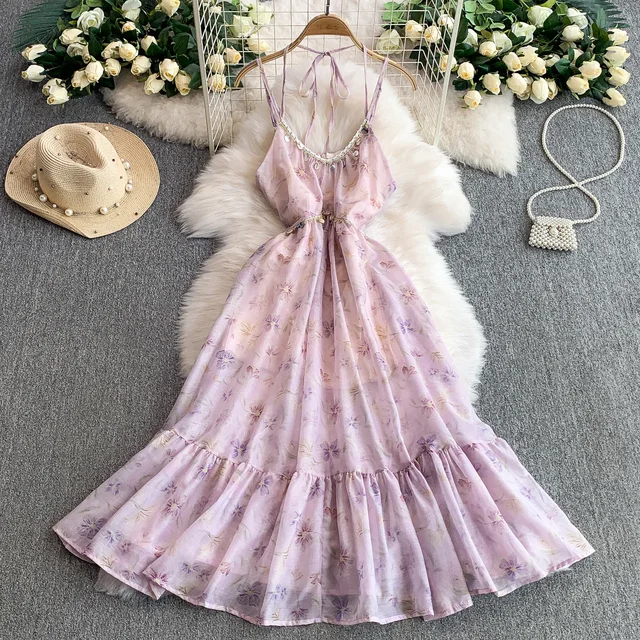 Women Light Purple Long Dress 90s Vintage Elegant Off