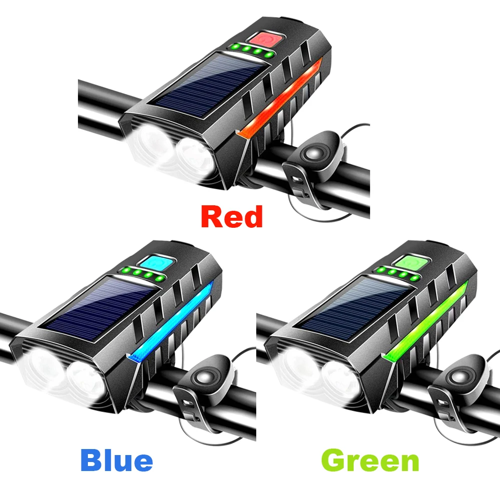 Solar Power Bike Front Light with 130db Horn LED Bicycle Light USB Rechargeable Bicycle Flashlight Bicycle Accessories_voghion.com