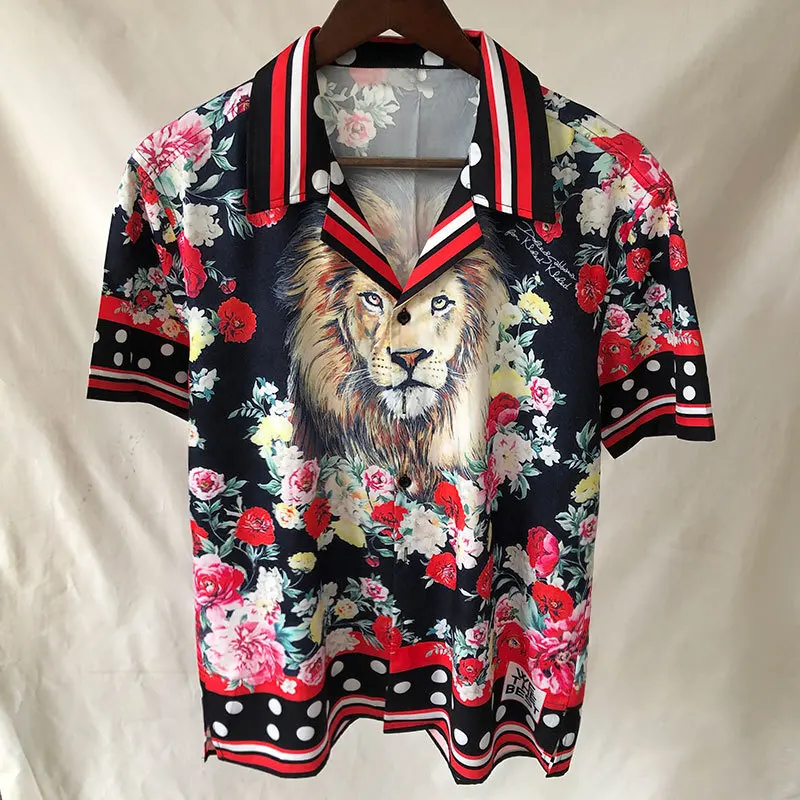 European Lion Flower Print Shirt Streetwear Hip Hop Fashion Aloha