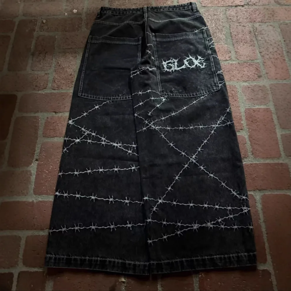 Jeans y2k high street hip hop loose wide-leg casual pants men's pants jeans street wear printed gothic style trousers hot sale 2