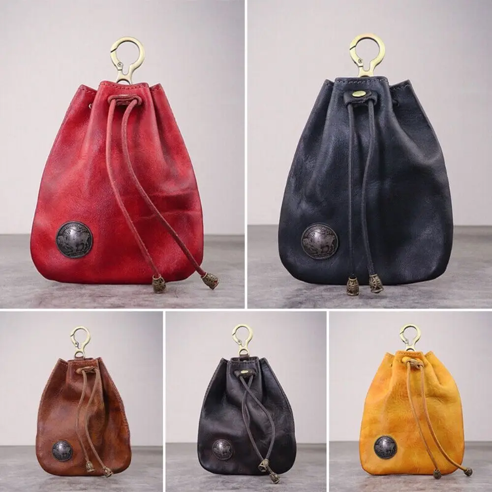 Coin Purse Coin Wallet Upper Leather Coin Purse Pouch Simple Retro Solid Color Car Key Bag Drawstring Wallets Men