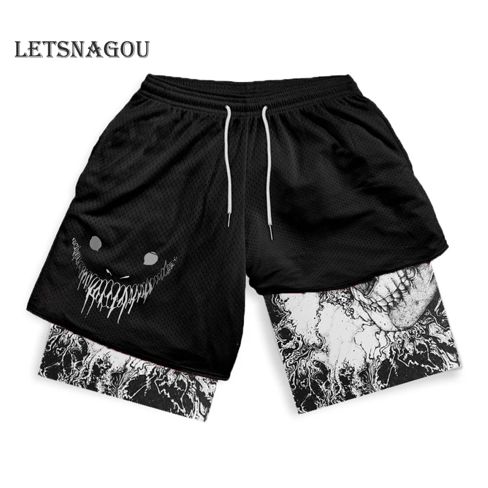 Men's Compression Shorts Anime Print Double Layer 2-in-1 Performance Shorts Breathable Quick-Drying Elastic Workout Shorts 3