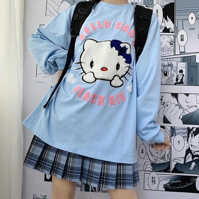 

Футболка Hellokitty с длинным рукавом кавайная Мягкая Милая девочка Sanrio мультфильм вышивка Китти Кот свободный Ins милый топ осень и зима