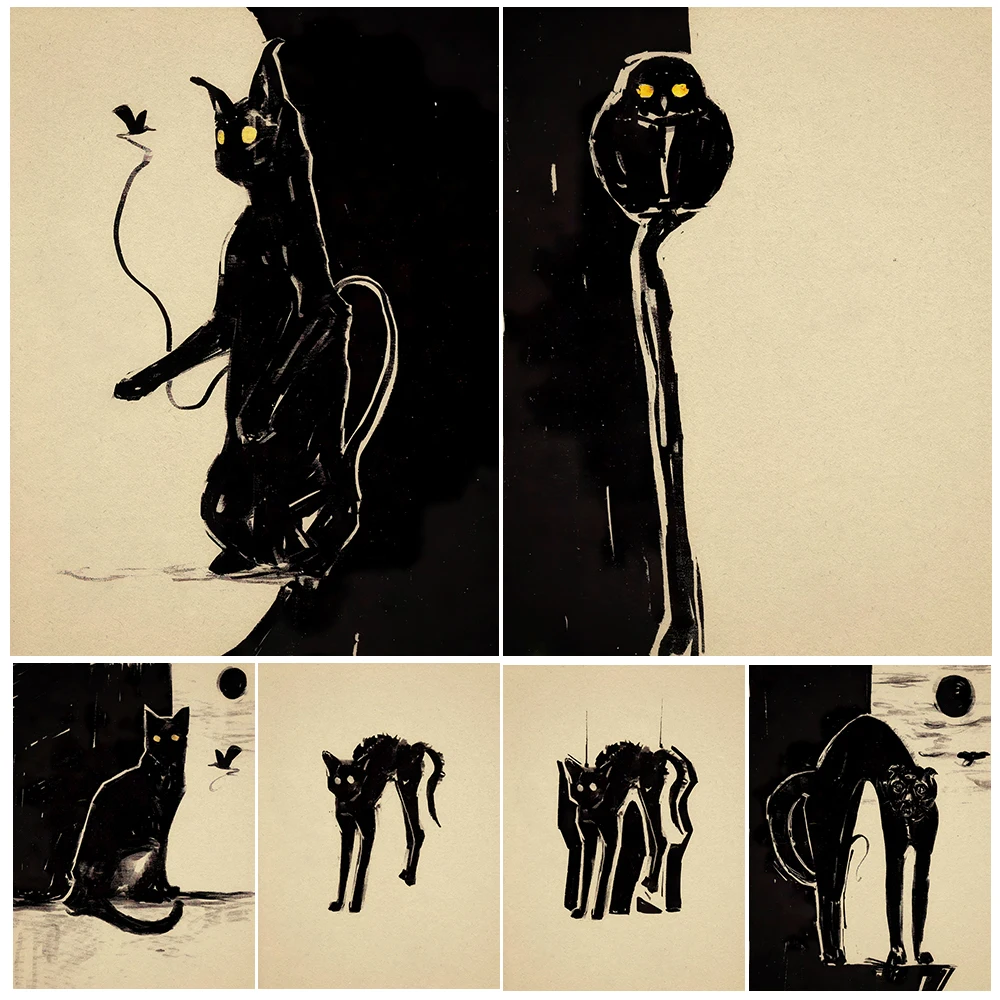 

Frightened Black Cat Abstract Vintage Wall Art Canvas Painting Creepy Dark Animal Surreal Fantasy Art Poster Print Home Decor