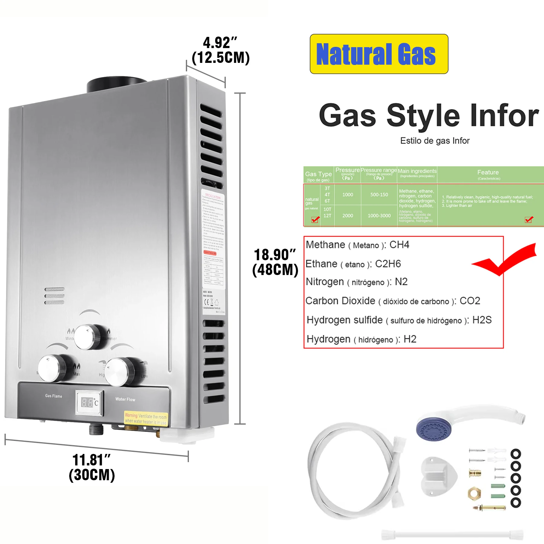 Samger-Chauffe-eau sans réservoir au gaz naturel GPL, pommeau de douche en acier inoxydable, économie d'énergie instantanée, affichage Bomicrophone, 8L, 2GPM