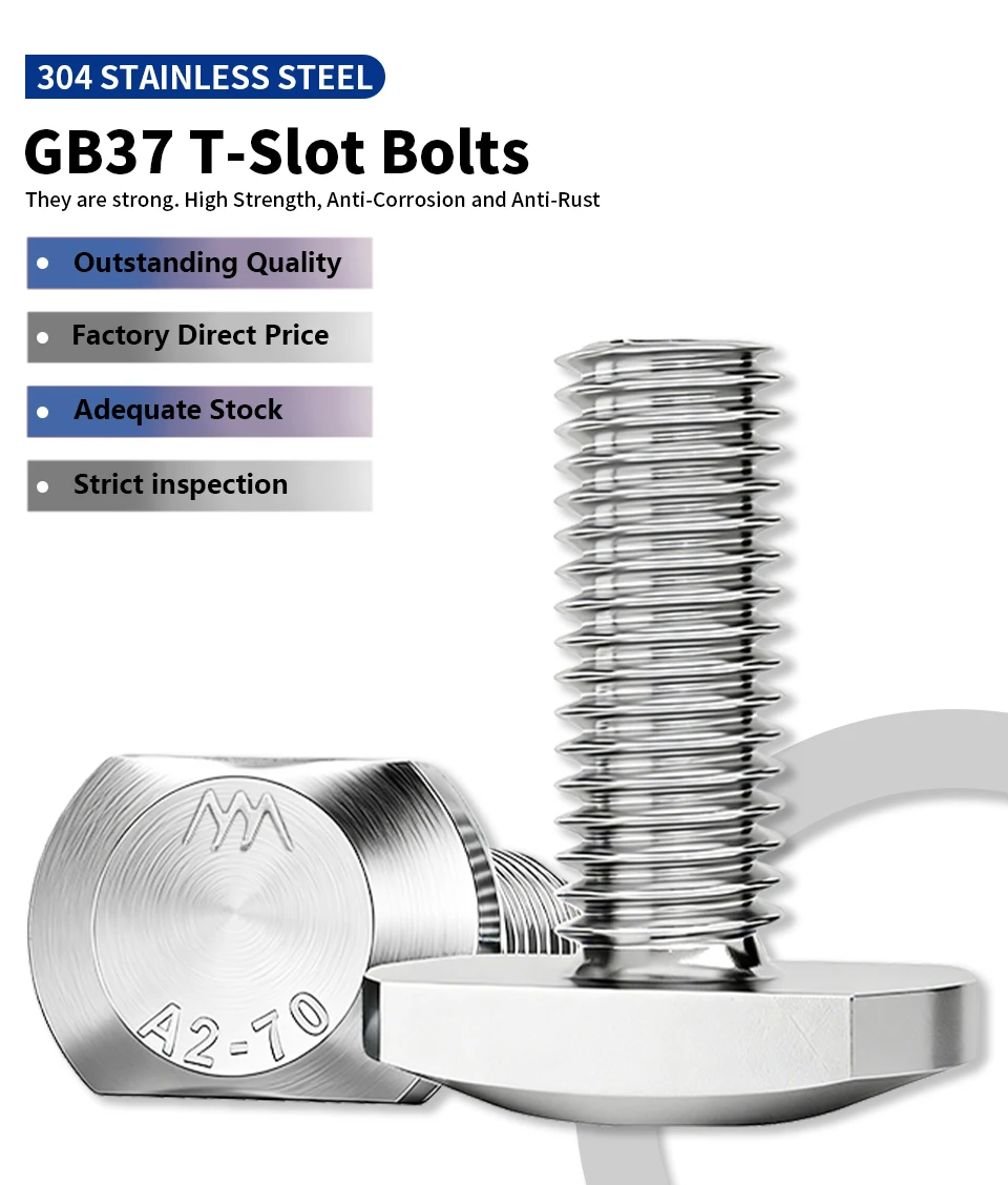 304 SS A2-70 T-Bolzen mit Vierkantkopf, T-Nut-Bolzen GB37, Hammerkopfschraube M5 M6 M8 M10 M12, metrischer Befestigungselement für T-Nut-Schiene – Detail 1