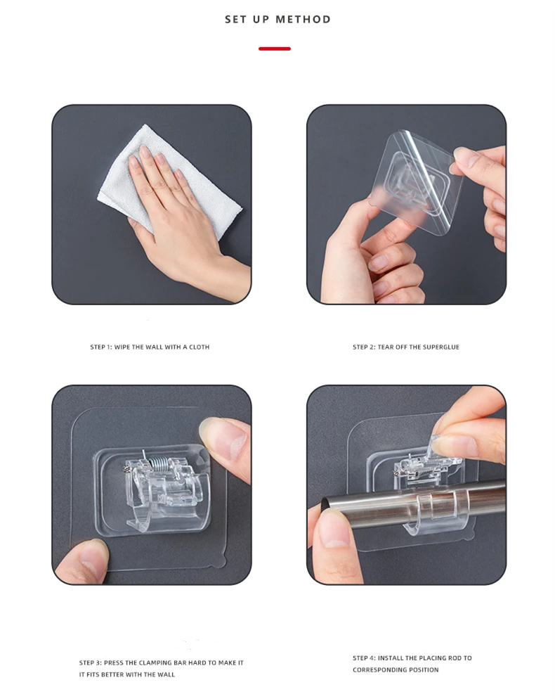 2/4PCS Nagel-Freies Einstellbare Vorhang Stange Halter Clamp Haken Küche Badezimmer Tür Selbst-klebe Haken hause Zubehör Wand Haken – Detail 10