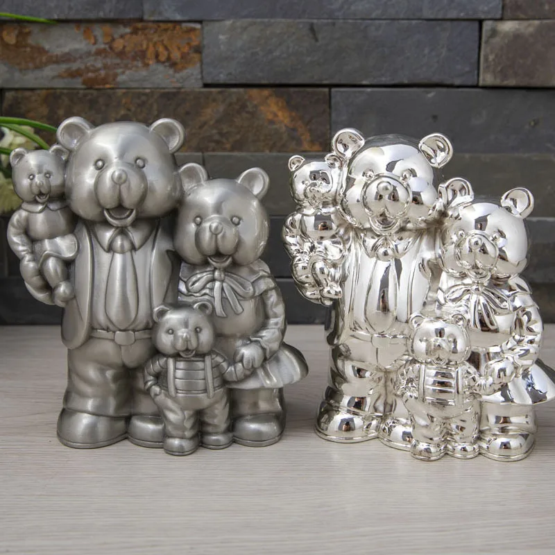 

lovely retro tin/ silver color bear family metal piggy bank cash box for money money bank for money safe euro coin holder PB029