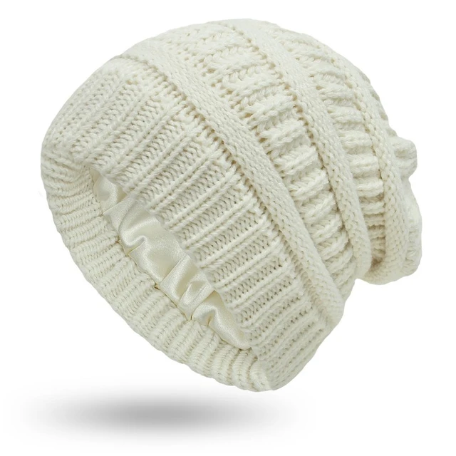 Bonnet en tricot torsadé pour femme en satin d'hiver, doublé