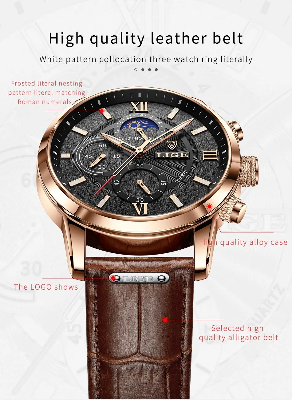 Lige Luxury Brown Leather Casual Quartz Wristwatch for Men | Diversi