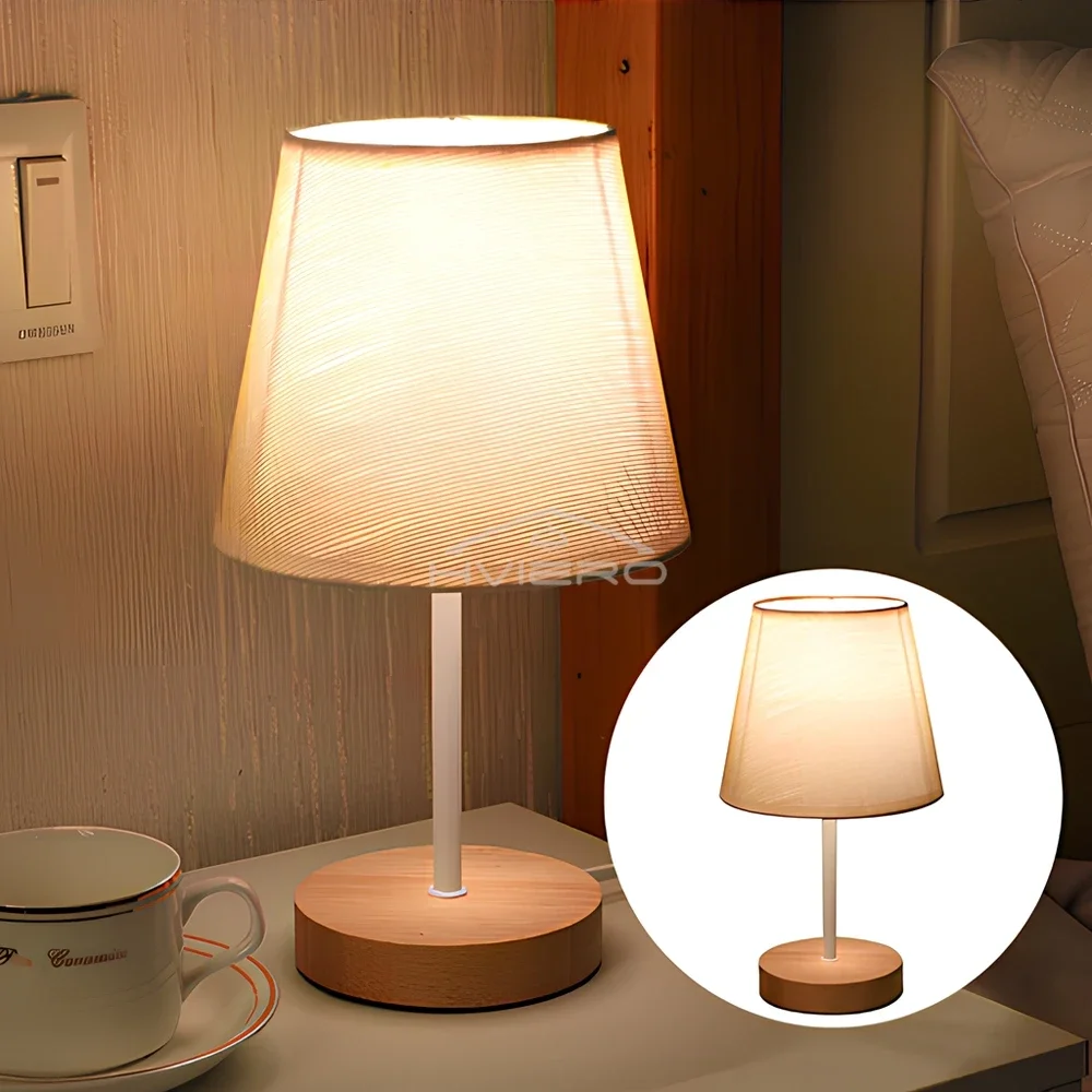Wooden USB Table Lamp - Modern Bedside Nightstand Light with Cylinder Shade