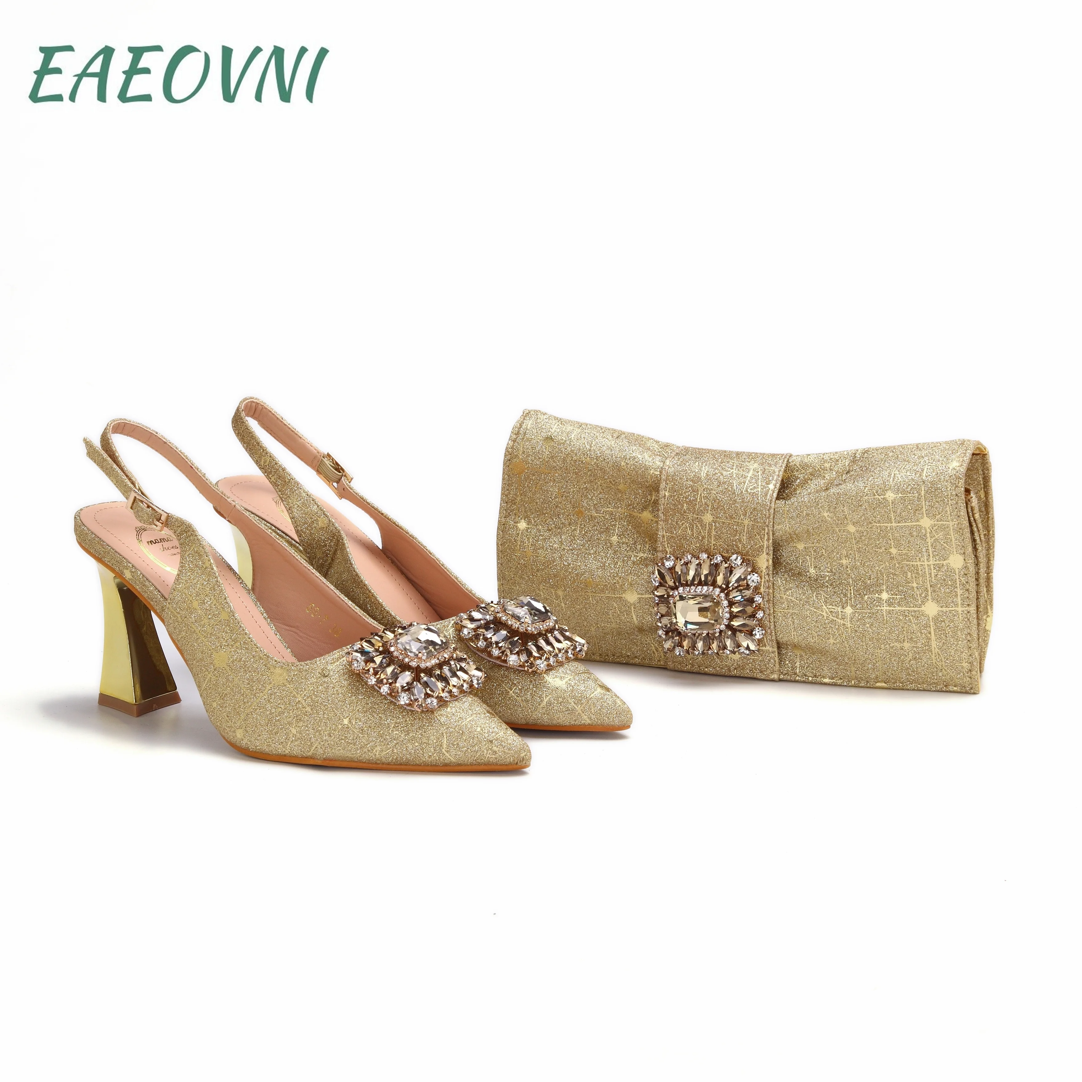 

Hot Selling New Fashionable Gold Color Pointed Toe Shoes Matching Bag Set For Offices Ladies Party in Dress